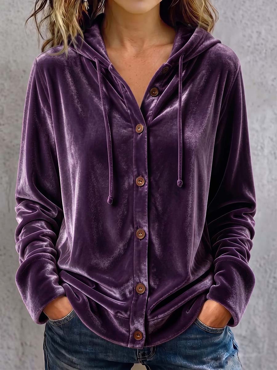 Women's Solid Color Long-sleeved Casual Loose Velvet Hooded Cardigan