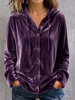 Women's Solid Color Long-sleeved Casual Loose Velvet Hooded Cardigan