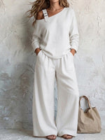 One Shoulder Strap Long Sleeve Top & High Waist Wide Leg Pants Linen Blend Two Piece Set