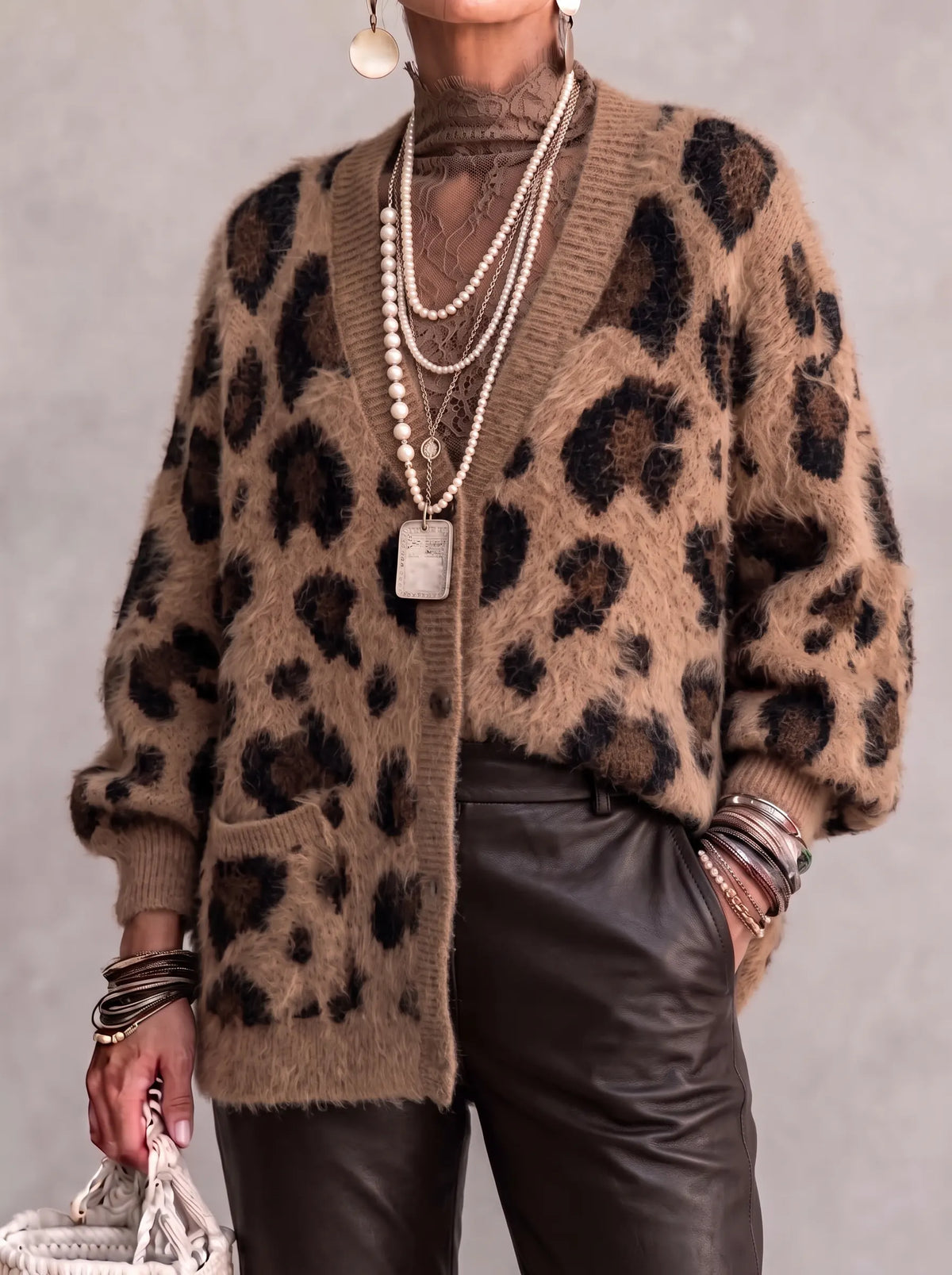 Women's Fluffy Leopard Print V-Neck Cardigan - Cozy Oversized Button-Down Sweater Coat