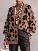 Women's Fluffy Leopard Print V-Neck Cardigan - Cozy Oversized Button-Down Sweater Coat