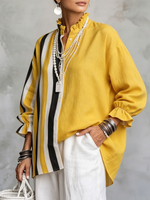 Vibrant Resort Cotton-linen Striped Blouse With Ruffle Collar