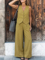 Women's Solid Color V-neck Sleeveless Casual Loose Cotton Linen Cardigan High Waist Wide Leg Pants Cotton Linen Set