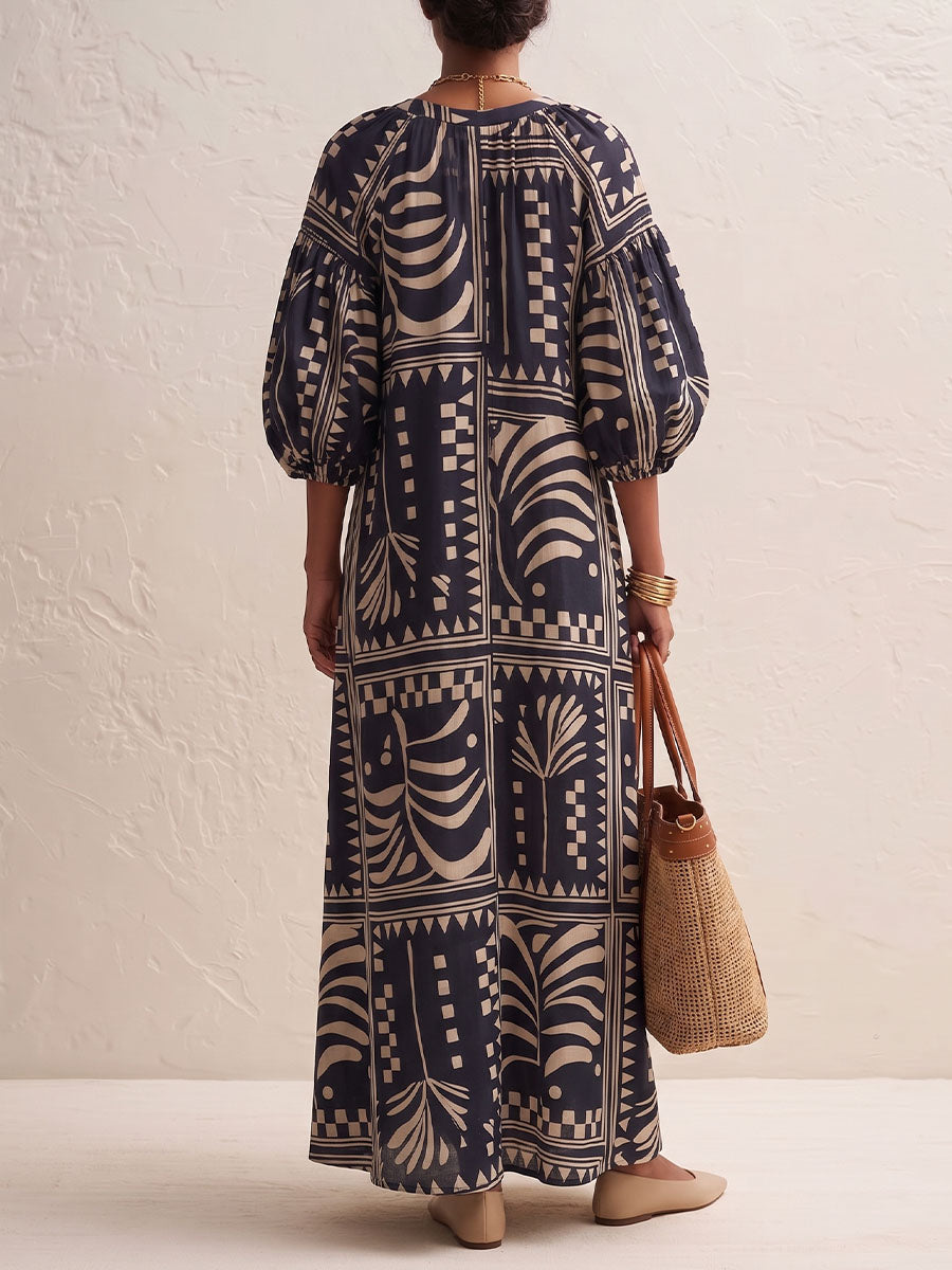 Women's Abstract Print V-neck 3/4 Sleeve Casual Loose Cotton Linen Dress