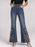 Casual Floral Embroidery Flared Jeans