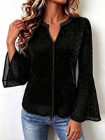 Small V-neck Sequin Pullover Shirt With Flared Sleeves