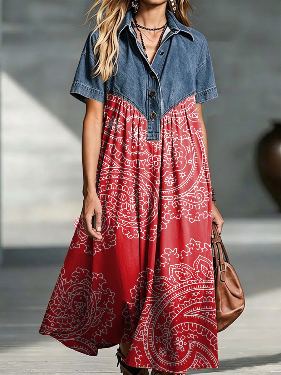 Bohemian Patchwork Paisley Print Cotton Denim Dress