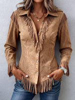 Boho Fringed Suede Button-down Shirt
