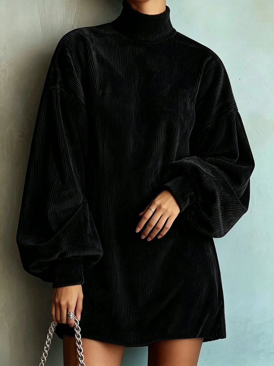 Loose And Cozy Corduroy Lantern-sleeve Mini Dress