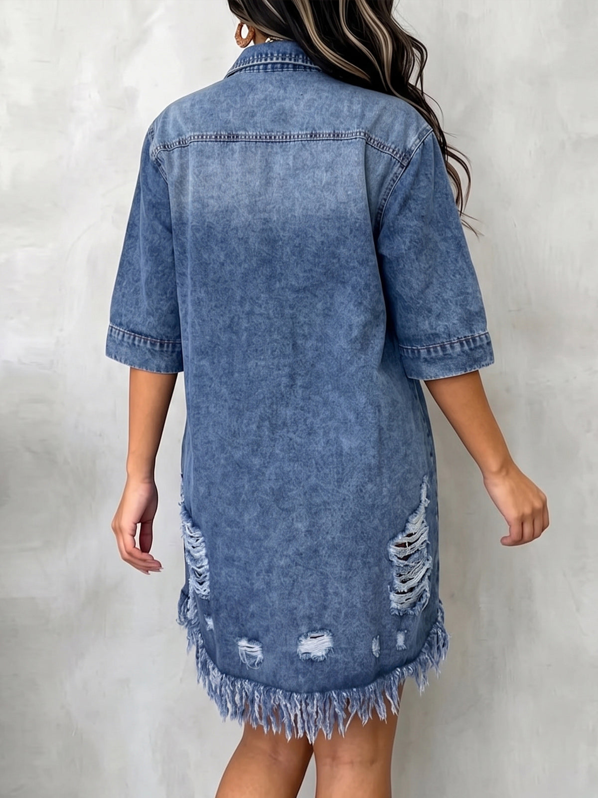 Loose Casual Ruffle Denim Mini Shirt Dress