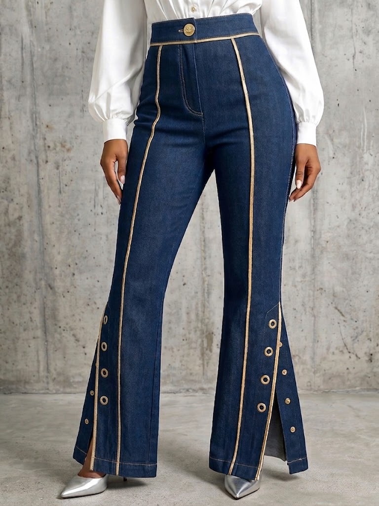 Exquisite And Elegant Jeans With Gold Piping.