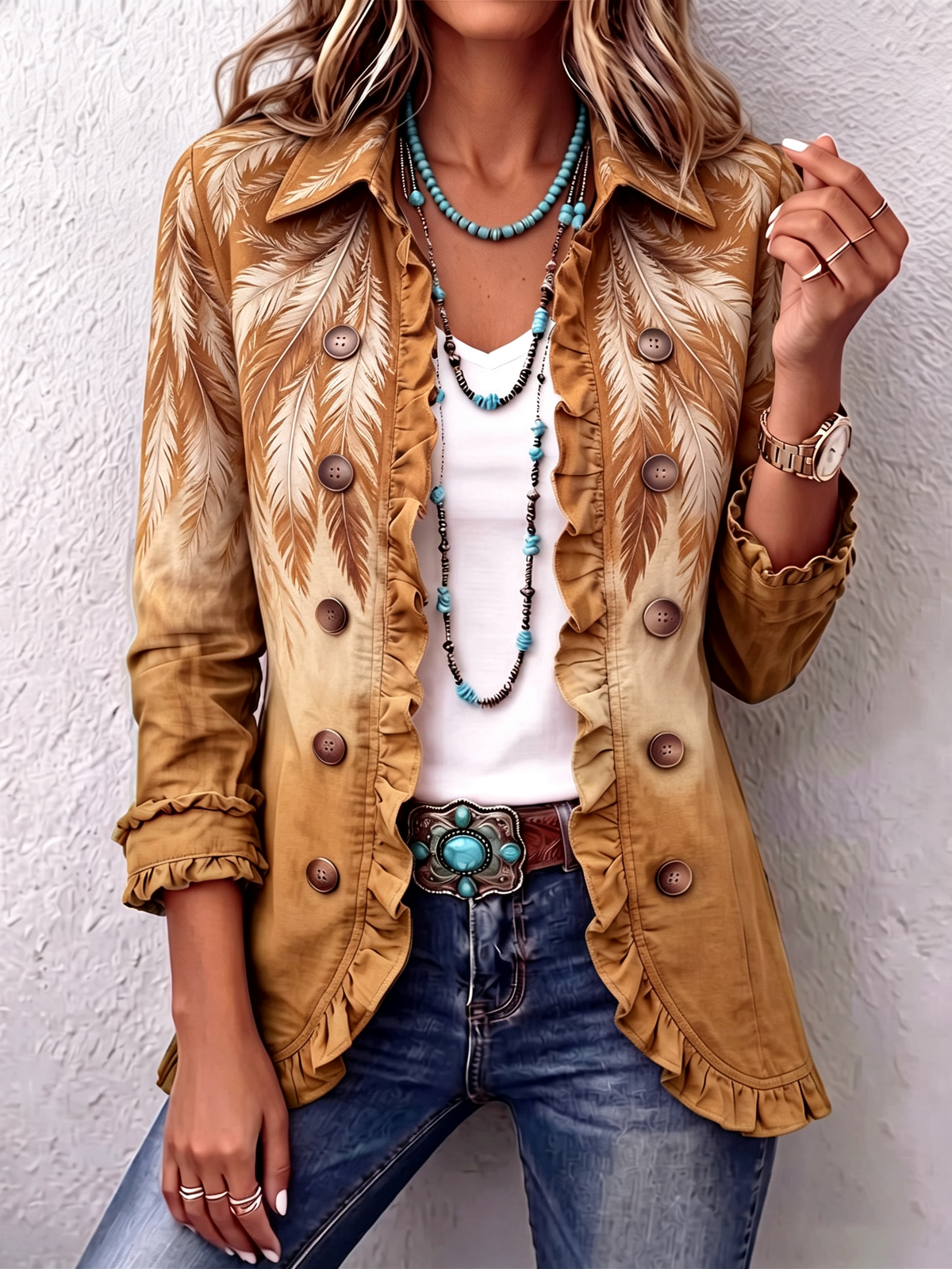 Chic Western Boho Feather Print Ruffle Hem Blazer