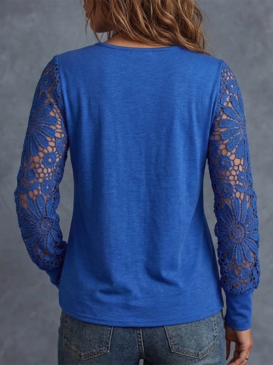 Solid-color Long-sleeve V-neck Pleated Top With Lace Cutouts
