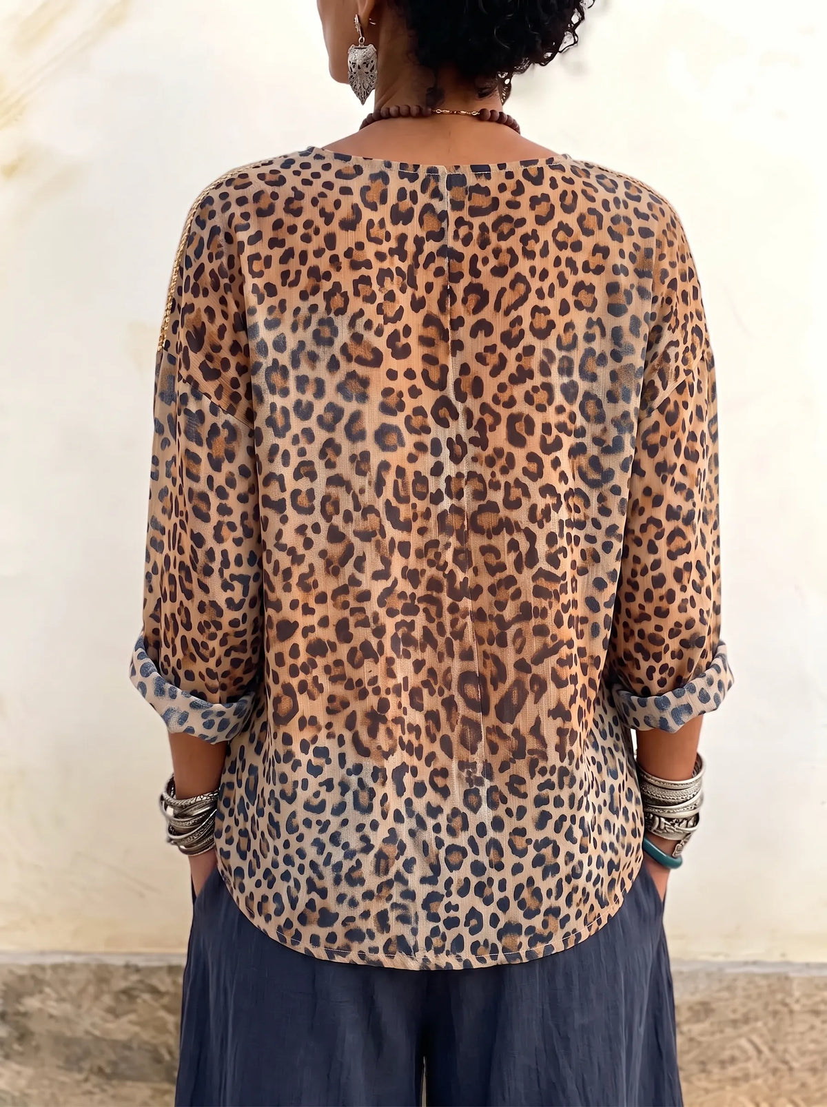 Women's Sparkly Sequin Shoulder Leopard Print Blouse - Boho Relaxed Long Sleeve Tunic Top