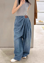 Retro Casual Asymmetrical Ruched Wide Leg Stylish Denim Pants