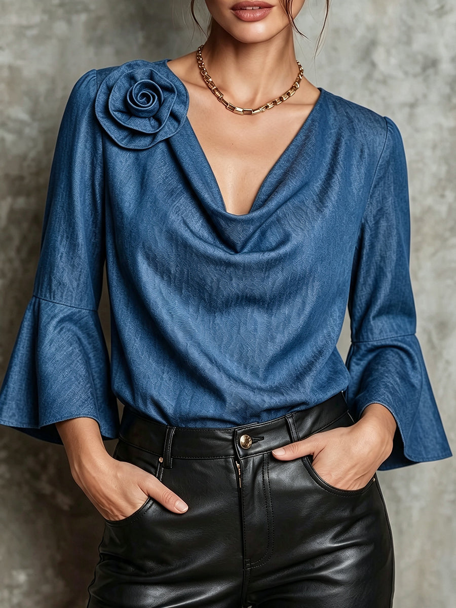 Chic Tencel Denim 3D Rose Appliqué Blouse