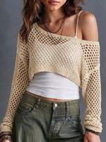 Asymmetric Off Shoulder Hollow Mesh Cropped Long Sleeve Knit Cover Up