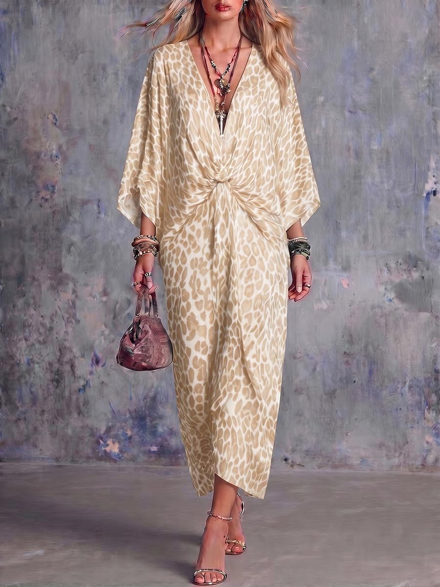 Women's V-neck Long-sleeved Casual Loose Printed Dress