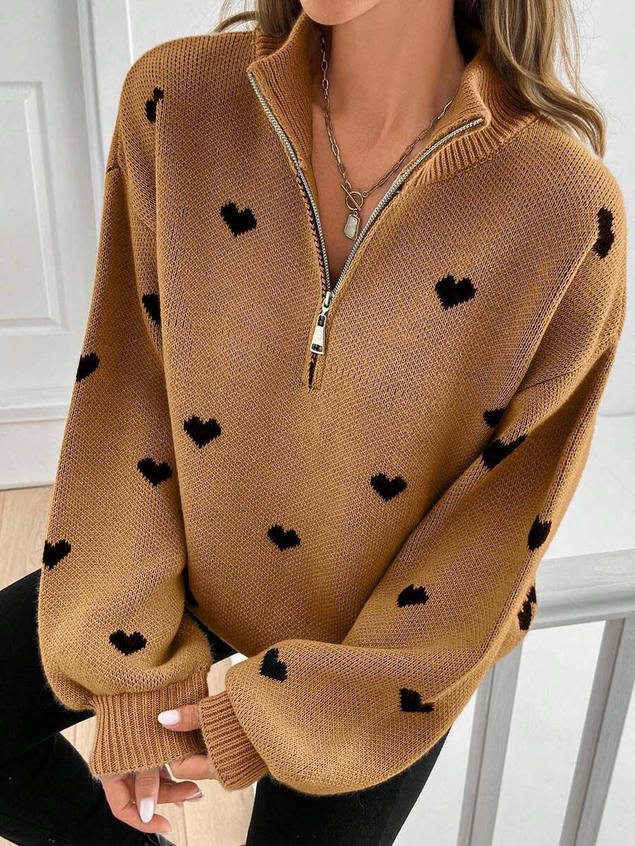 Cozy Half-zip Knit Pullover With Heart Pattern