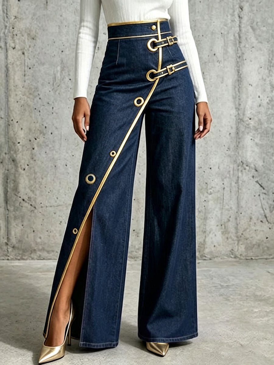 Exquisite And Elegant Jeans With Gold Piping.