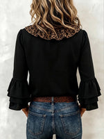 Romantic Leopard Ruffle Trim Tiered Bell Sleeves Chiffon Blouse