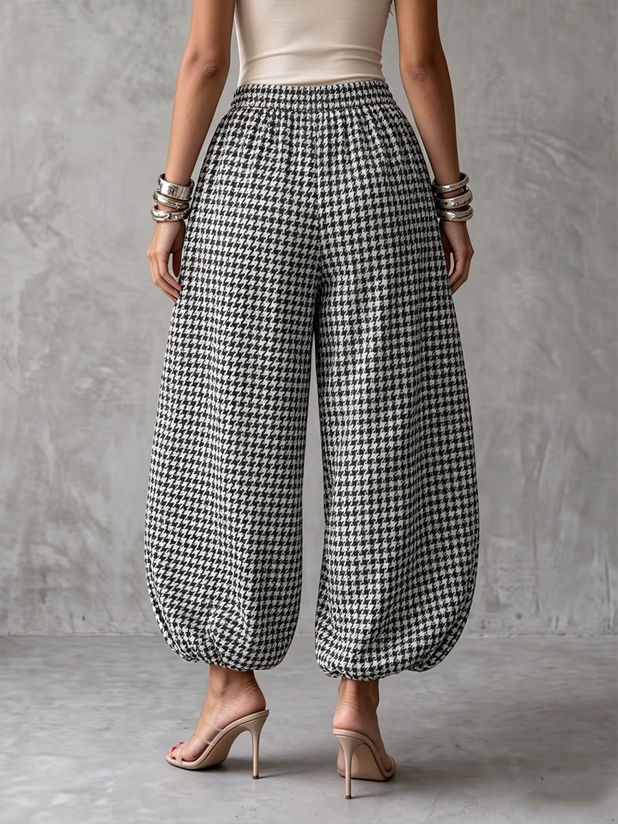 Classic Houndstooth Linen Harem Pants