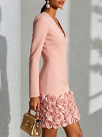V-neck Long Sleeve 3d Rose Floral Bodycon Mini Dress