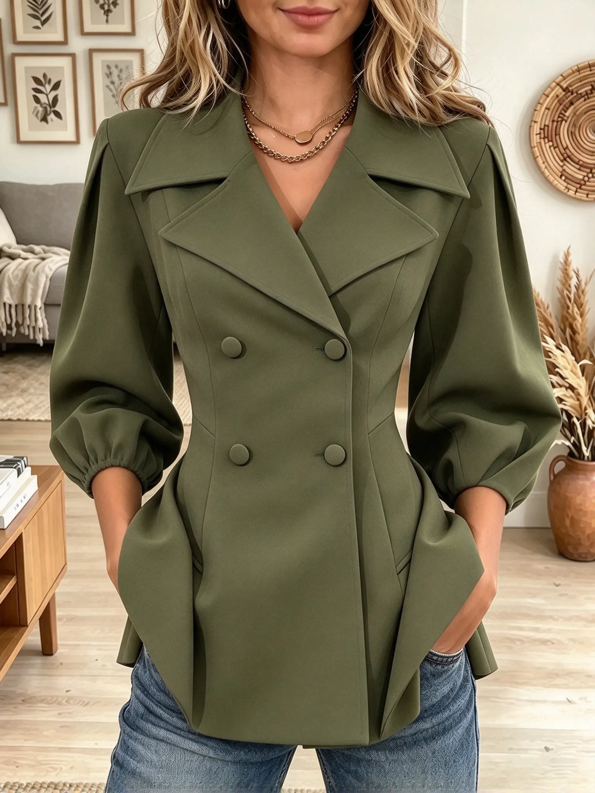 Women's Double-Breasted Puff Sleeve Peplum Blazer