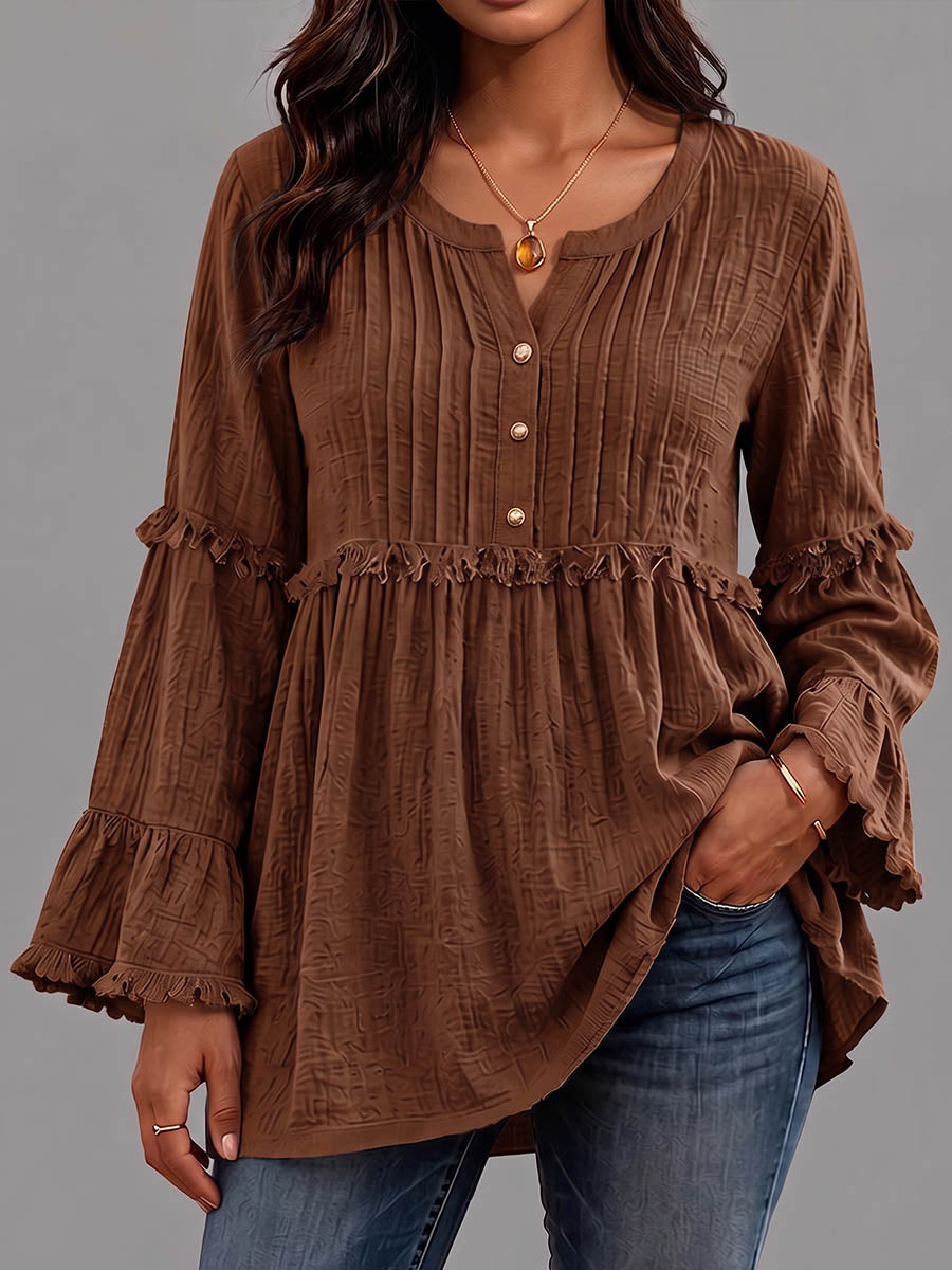 Women's Solid Color V-neck Long Sleeve Casual Loose Pleated Cotton Linen Top