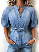 Chic Stand Collar Belted Puff Sleeve Casual Denim Shirt