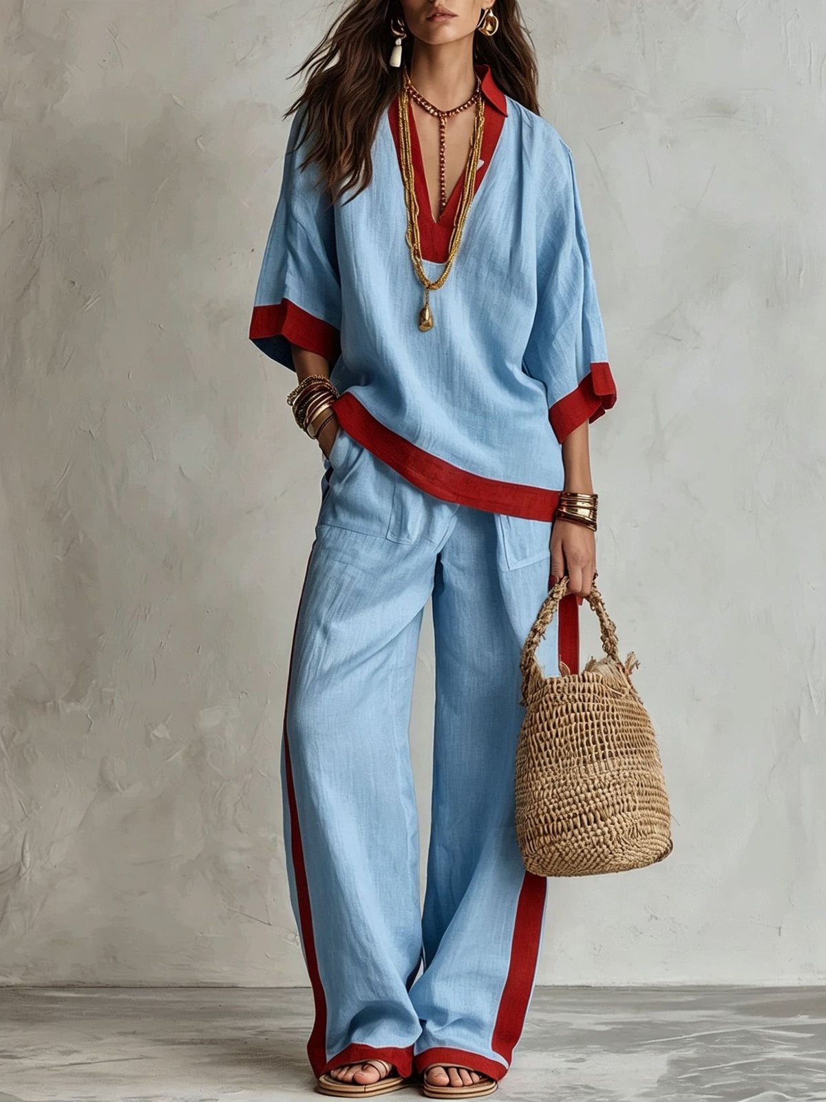 Contrast Trim Linen V-Neck Top & Striped Wide-Leg Pants Two-Piece Set
