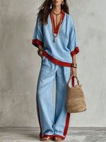 Contrast Trim Linen V-Neck Top & Striped Wide-Leg Pants Two-Piece Set