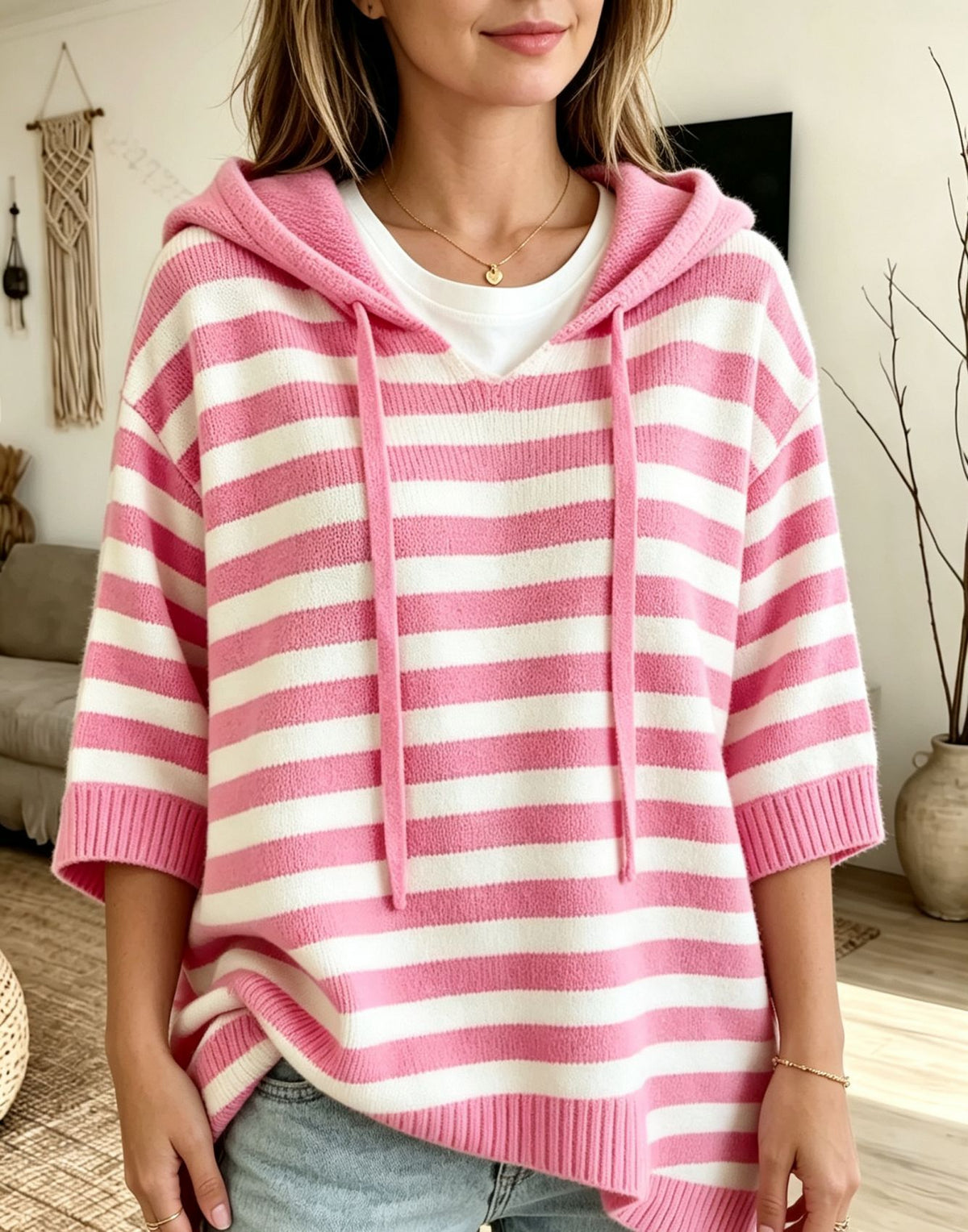 Loose And Comfortable Striped Knit Hoodie
