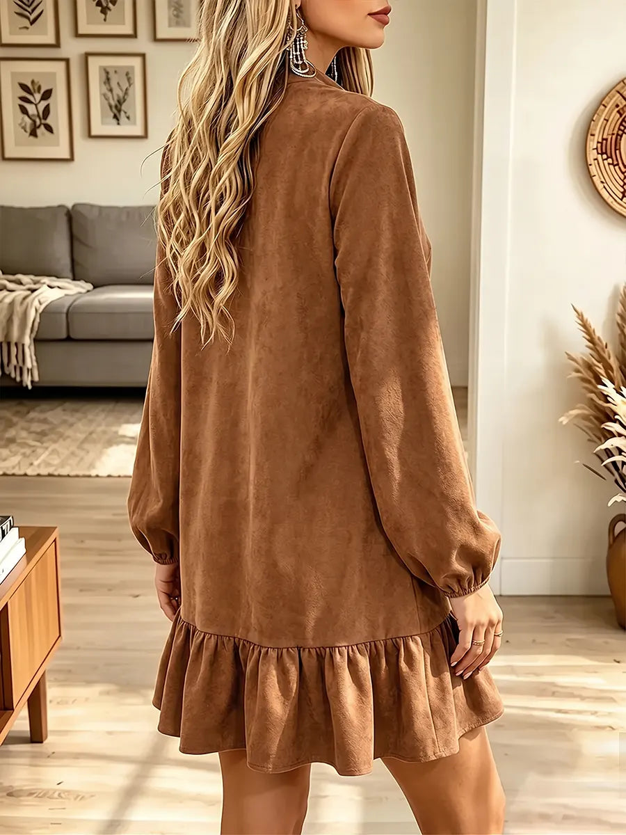 Vintage Elegant Suede Patchwork Ruffled Zipper Dress