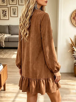 Vintage Elegant Suede Patchwork Ruffled Zipper Dress