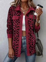 Contrast Rib Collar Leopard Print Corduroy Long Sleeve Shirt Jacket