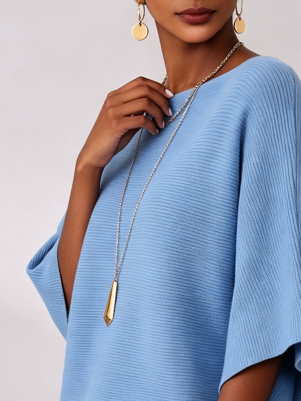 Elegant Boat Neck Batwing Sleeve Ribbed Knit Top