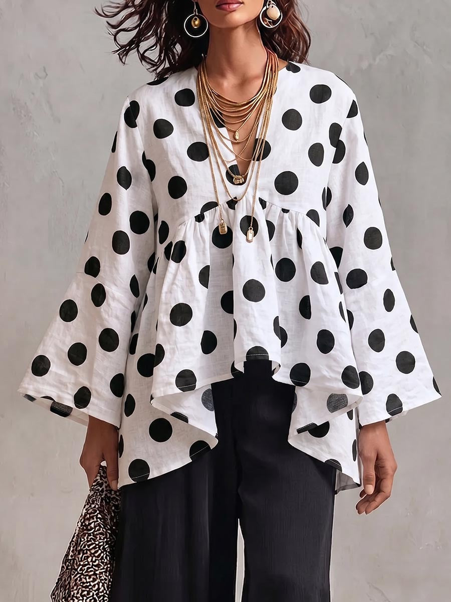 Women's Polka Dot Print V-neck Long-sleeved Casual Loose Cotton Linen Top