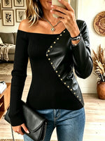 Women's Asymmetrical Studded Faux Leather Ribbed Top