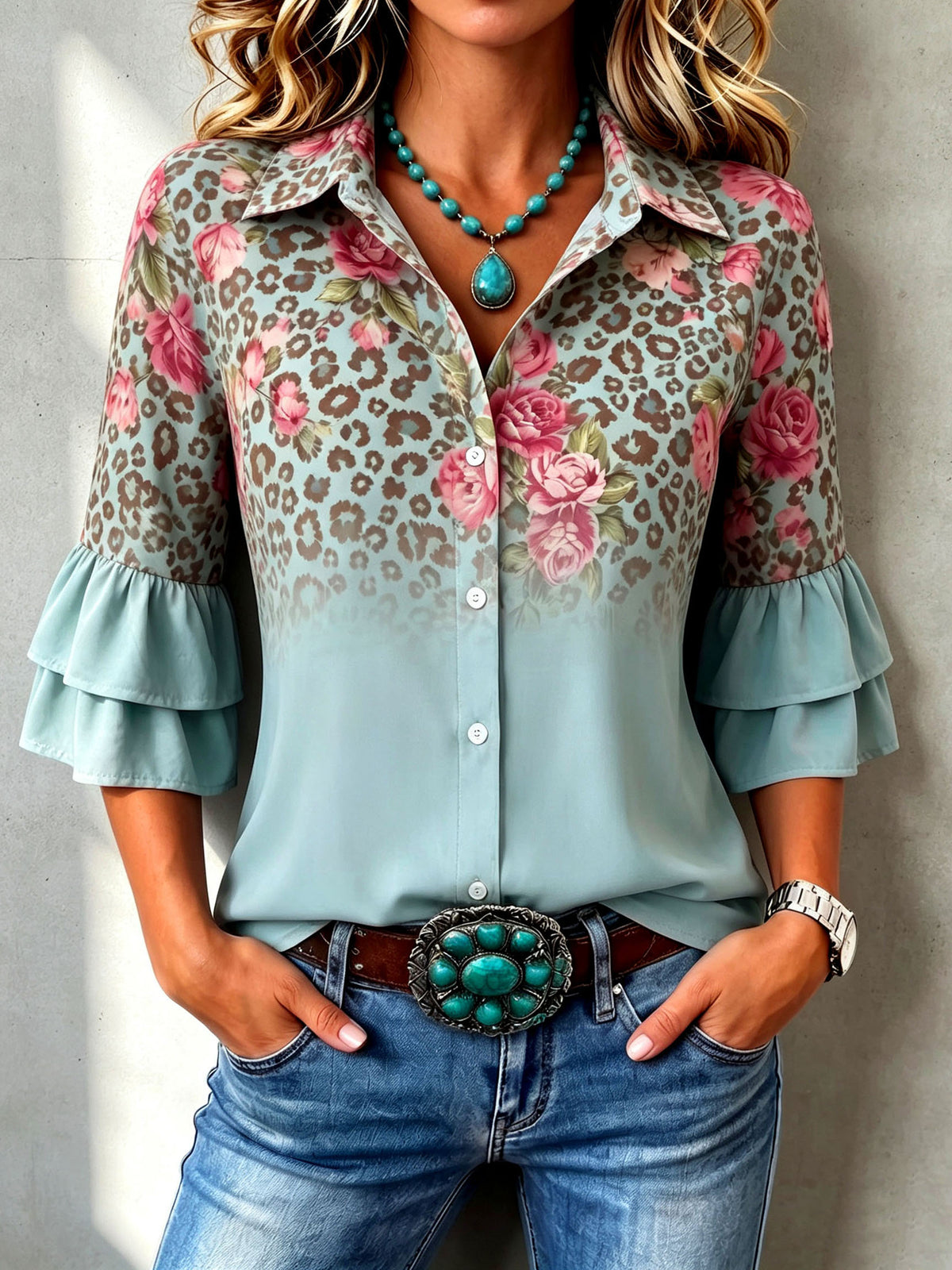 Boho Floral & Leopard Ruffled Button-down Three-quarter Sleeves Shirt
