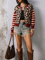 Leopard Stripe Spliced Western‑style Knit Cardigan