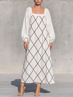 Women's Geometric Print Square Neck Long-sleeved Casual Loose Cotton Linen Dress