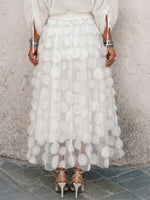 Lined Midi Skirt Featuring 3d Decorative Appliqués And Mesh Paneling