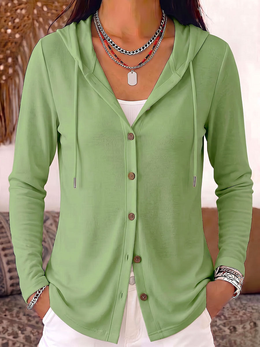 Women's Solid Color Long-sleeved Casual Loose Hooded Pure Cotton Cardigan