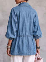 Women's Collared 3/4 Sleeve Casual Loose Drawstring Denim Cardigan