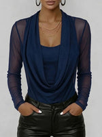 Women's Swing Neck Long-sleeved Casual Loose-fitting Sheer Mesh Top