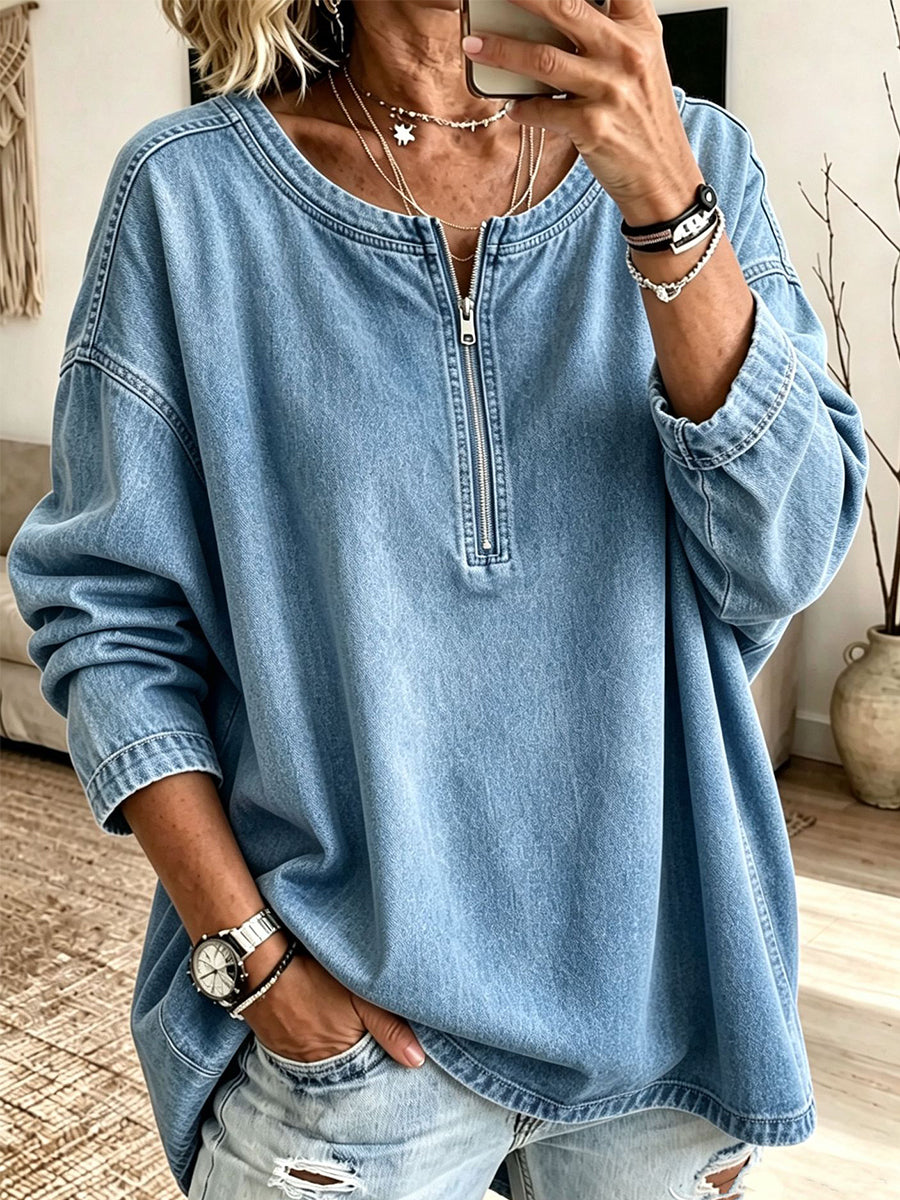 Effortless Oversize Denim Half-Zip Blouse