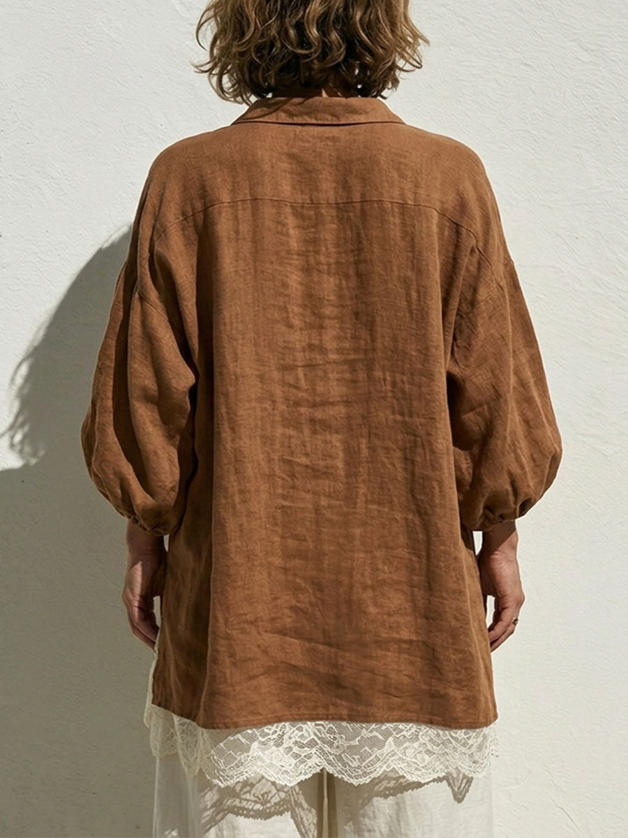 Women's Solid Color Collared 3/4 Sleeve Casual Loose Cotton Linen Patchwork Lace Top