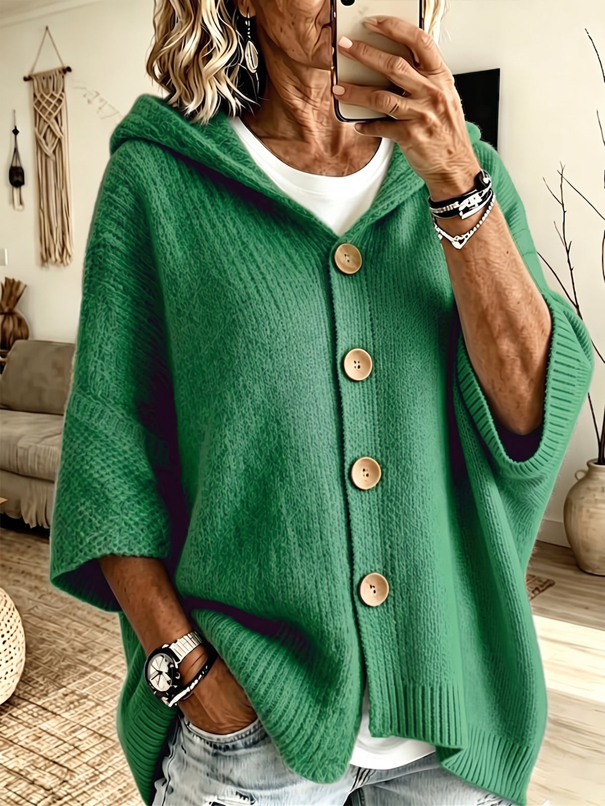 Comfortable Oversized Hooded Batwing Knit Cardigan