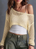 Asymmetric Off Shoulder Hollow Mesh Cropped Long Sleeve Knit Cover Up